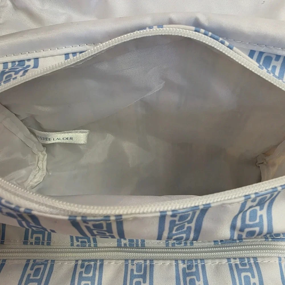 Estee Lauder Blue White Greek Key Stripe Travel Cosmetic Makeup Bag Organizer